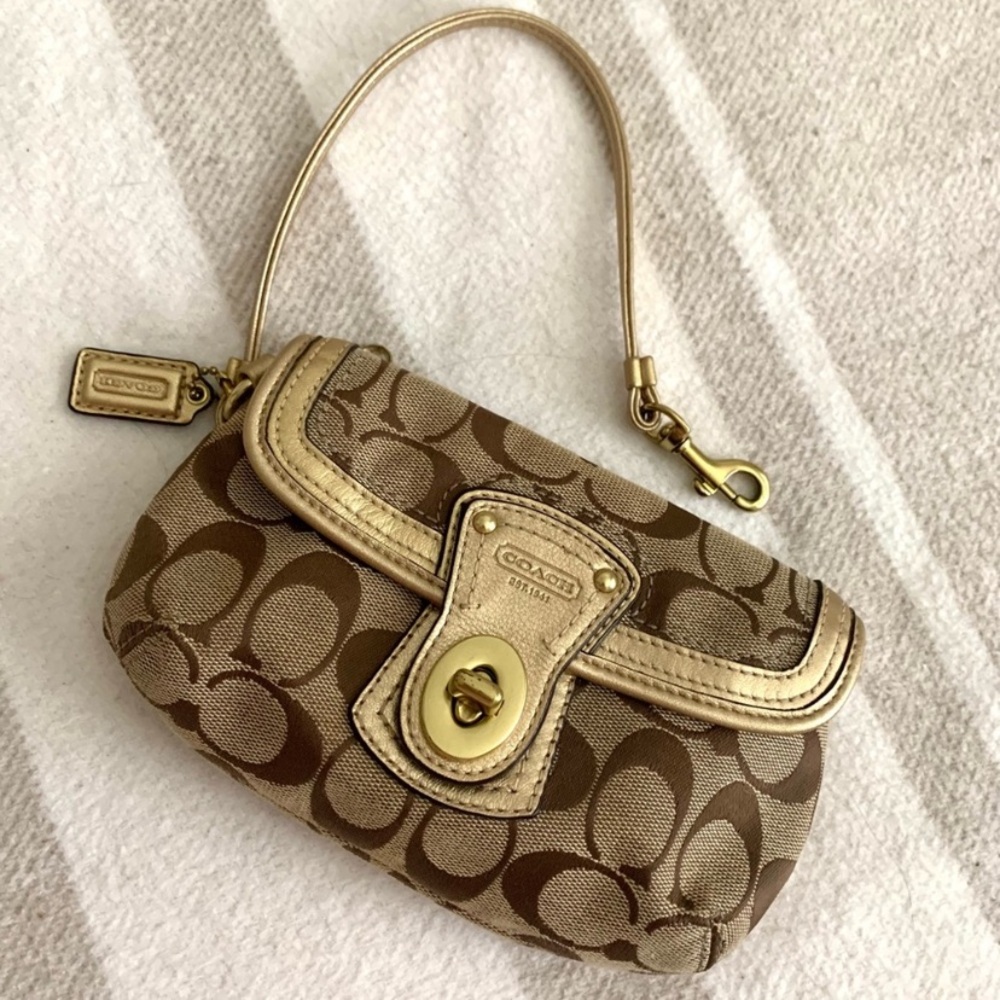Coach Signature Gold Tan Wristlet Wallet Purse
